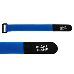 A blue travel towel strap featuring black ends and a logo.