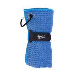 A blue travel towel neatly rolled and secured with a strap, featuring a clip for easy attachment.