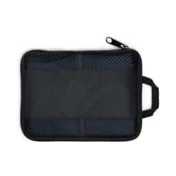 A black zippered bag with mesh detailing, featuring a handle on one side.