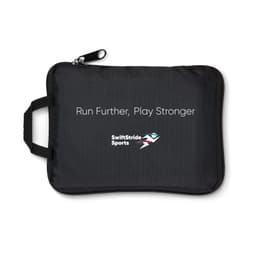 A black pouch with a handle, featuring a logo and text promoting athletic performance.