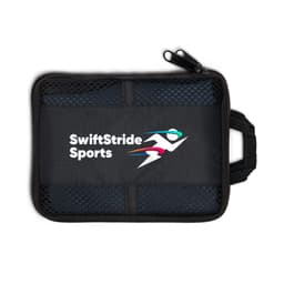 A black zippered pouch with a mesh pocket and a logo. Designed for storing sports accessories or towels.