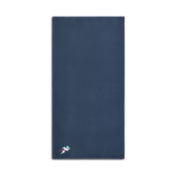 A navy sports towel featuring a small logo in the bottom corner. The towel is soft and absorbent.