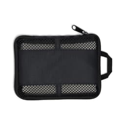 A black zippered pouch with a mesh front and a handle, suitable for organising small items.