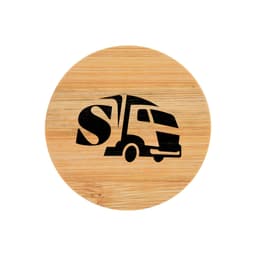 A round bamboo coaster featuring a black truck design and a logo.
