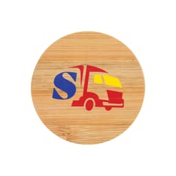 A drink bottle opener coaster made of bamboo, featuring a colourful logo with a truck design.