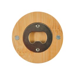 A circular bamboo bottle opener coaster with a silver metal opener in the centre and two screws.