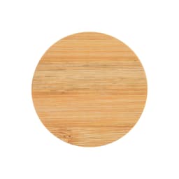 A round bamboo coaster with a smooth texture and natural wood finish. It features a small logo at the edge.