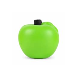 A green apple-shaped stress reliever with a black top, designed for fun and stress relief.