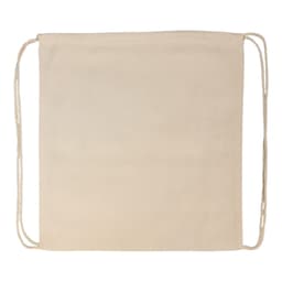 A beige drawstring backpack made of natural fabric, featuring two corded straps for easy carrying.