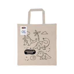 A natural-coloured calico bag featuring dinosaur illustrations, accompanied by crayons and a logo on the handle.