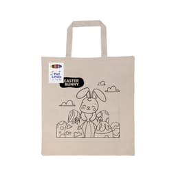 A calico bag featuring a black and white colouring design of an Easter bunny amidst decorated eggs, with a handle.