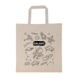A beige calico bag featuring a space-themed design with illustrations of rockets, planets, and stars. It has two handles.