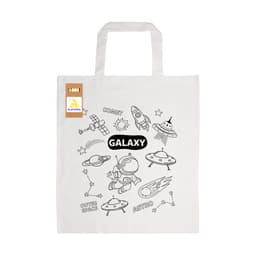 A cotton bag featuring a space-themed design with a rocket, astronaut, and UFOs, in a natural colour. It includes a logo.