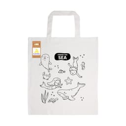 A cream cotton bag featuring whimsical sea-themed illustrations, including sea creatures and children, with a logo.