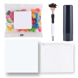 An assortment of colorful jelly beans, a black pen with a character topper, a black lip balm, a white cloth, and a clear pouch.