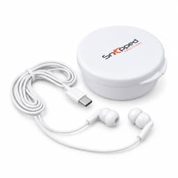 White Type C earbuds with a charging cable, stored in a rounded white case featuring a logo.