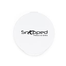 A white circular case with a logo on the front featuring the text 'Snapped Precisions'.