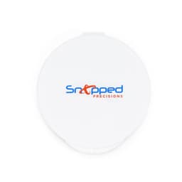 A round white container with a logo in blue and red, designed for holding small items or products.