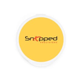 A round container with a bright yellow lid featuring a black and red logo.