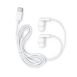 White Type C earbuds with a long cable, featuring a simple design and connector. Includes a logo.