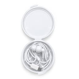 A white circular case containing white Type C earbuds with a charging cable, neatly arranged inside.