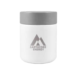 A white food container with a grey lid, featuring a logo with mountain graphics.