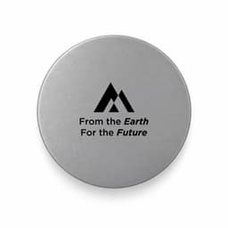 A grey circular food container featuring a logo and text about sustainability.
