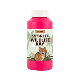 A drink bottle in bright pink featuring a cartoon tiger and a nature-themed design, with a logo on it.
