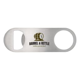 A stainless steel bottle opener with a rounded end and a circular cutout, featuring a logo.