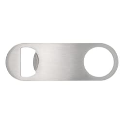 A drink bottle opener in stainless steel with a sleek, minimalist design and a circular opening for gripping.