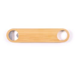 A drink bottle opener made of bamboo, featuring a sleek design with two circular cutouts. It has a logo on it.