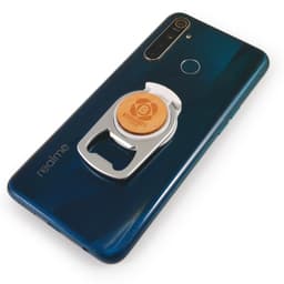 A drink bottle opener and phone stand in silver, attached to a dark blue smartphone, featuring a logo on the opener.