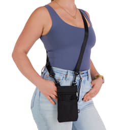 A black neck pouch worn crossbody, featuring multiple pockets, with a model dressed in casual attire.