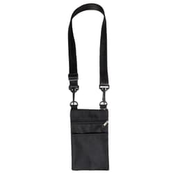 A black neck pouch with a strap and a zippered pocket, featuring a mesh overlay on the front.