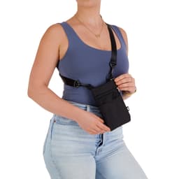 A black neck pouch with adjustable straps, held by a person, featuring multiple pockets for storage.
