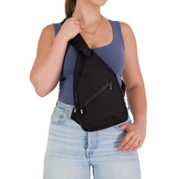 A black Wallaby neck pouch is being worn across the body, featuring a front zip pocket.