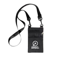 A black neck pouch with a logo, featuring a strap and zipper pocket. Ideal for carrying small items.