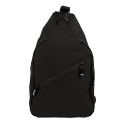 A black Sling RPET travel bag with a front pocket and adjustable strap. It features a logo on the side.