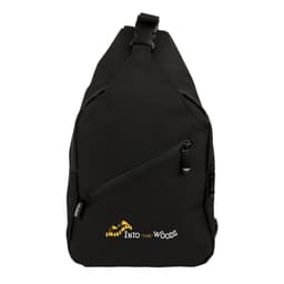 A black Sling RPET travel bag featuring a front zip pocket and a logo.