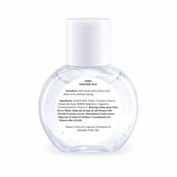 A clear, round bottle of hand sanitiser containing 35ml, with visible gel and a logo on the front.