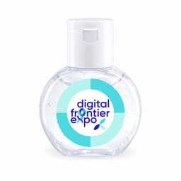 A clear gel hand sanitiser in a round bottle with a white pump lid. It features a logo on the front.