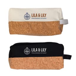 A utility pouch in cream and black, featuring a cork bottom and a zipper, with a logo on both sides.