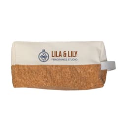 A utility pouch featuring a natural cork base and a cream fabric upper, with a logo displayed on the side.