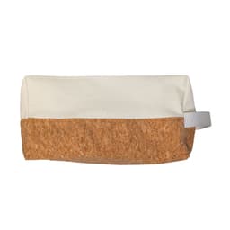 A utility pouch in natural cotton with a cork bottom and a fabric handle. Features a logo or branding detail.