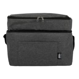 A grey cooler bag with a zippered top compartment and a front pocket, featuring a logo.