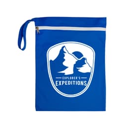 A blue Cosi Wet Bag featuring a white logo with mountains and a sun. It has a zip closure and a handle.