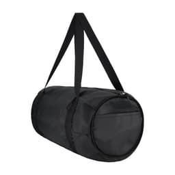 A black duffle bag with a zippered closure and a side pocket, featuring a shoulder strap.