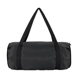 A black duffle bag with dual carrying straps and a zippered closure, featuring a branding logo.