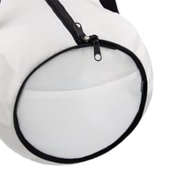 A white duffle bag with a black zipper and trim, featuring a circular bottom design.