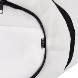 A white duffle bag featuring a black zipper and a small tag labelled "RPET".